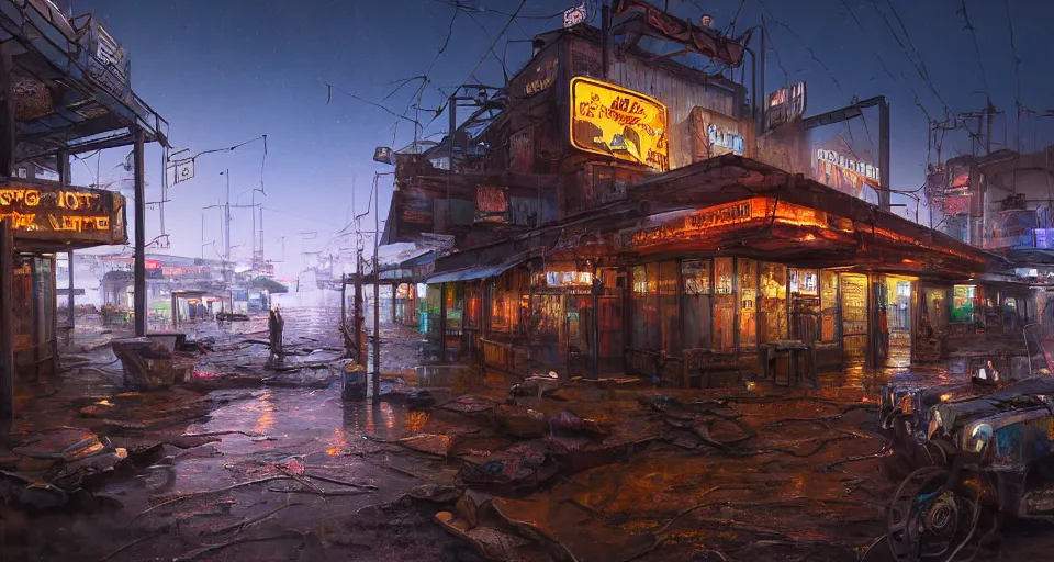 Prompt: beautiful matte painting of the front of a pub made of scrap wood and scrap metal in a cyberpunk fishing village in the desert, flooded and dry cracked ground, neon signs, night time, by greg rutkowski, 4 k, extreme details, photorealism, depth of field, bokeh, 3 5 mm photograph