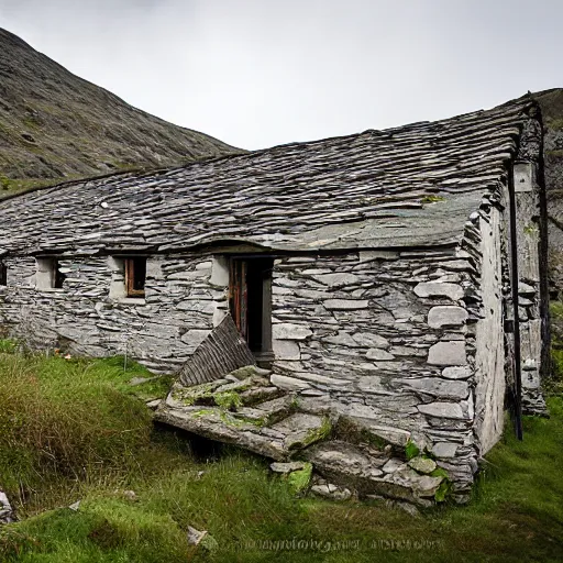 Prompt: photograph of a beautiful ancient abandoned miners'cottages in a derelict, slate quarry in snowdonia, north wales