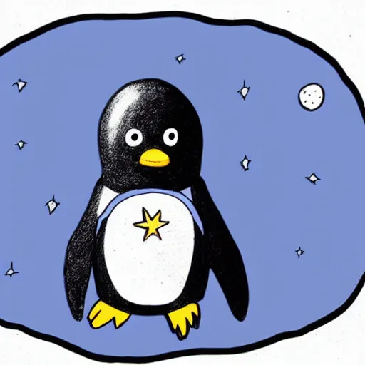 Image similar to cute drawing of a penguin baby on an astronaut suit, helmet on, floating on space, minimalist cartoon style, solid color