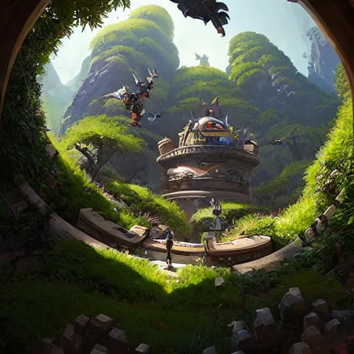 Image similar to worm's eye view of overwatch headquarters carved inside a mountain above a lush garden, neatly trimmed vegetation, magical, natural light, fantasy, sharp focus, concept art, by greg rutkowski and craig mullins, cozy atmospheric