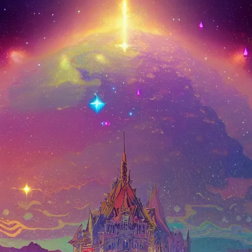 Image similar to a beautiful highly detailed digital art of colorful castle nebulas by, moebius, alphonse mucha, stars in the background, highly detailed, intricate design, cinematic view, 8 k resolution, octane render, matte painting, trending on artstation