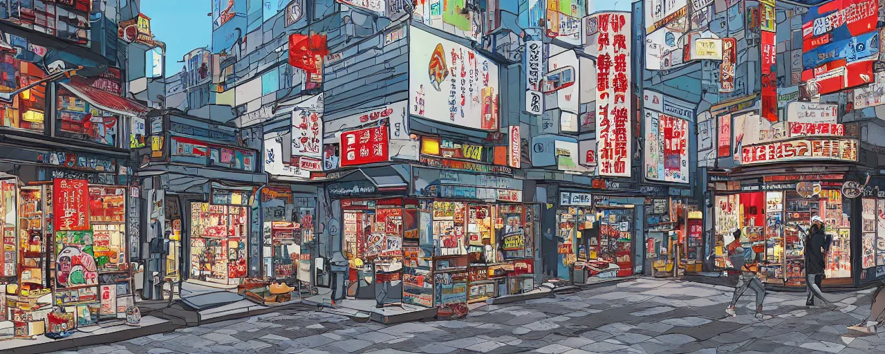 Image similar to Orthogonal view of Tokyo storefronts with no people graffiti treasure town comics illustration digital art painting artstation depth global illumination GI AAA SSS