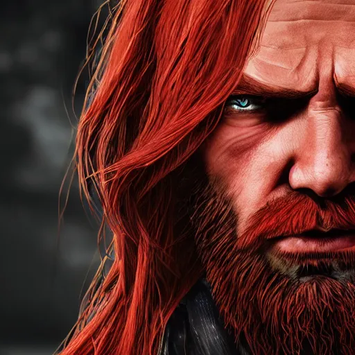 Image similar to a portrait of red!! long!! haired!! angry!! man!! as a red dead redemption 2 character shot from red dead redemption 2, ray tracing x, wet reflections, unreal engine 5, intricate details, fantasy, hyper realism, humongous view, smooth, cinematic