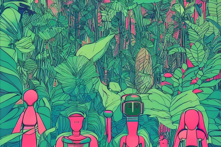 Prompt: gigantic girl faces, tiny robots, a lot of exotic vegetation around, risograph!, colorful flat surreal design, super - detailed, a lot of tiny details, fullshot, by luigi serafini and moebius