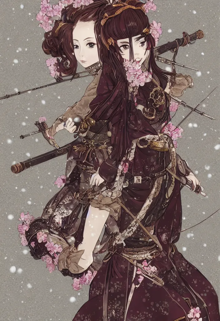 Prompt: portrait of steampunk girl samurai with swords and tachi and bow and arrow and armor and rifle and cross bow combat pose in snow forest sakura cherry blossom swan hakama kimono trending on artstation takato yamamoto krenz cushart
