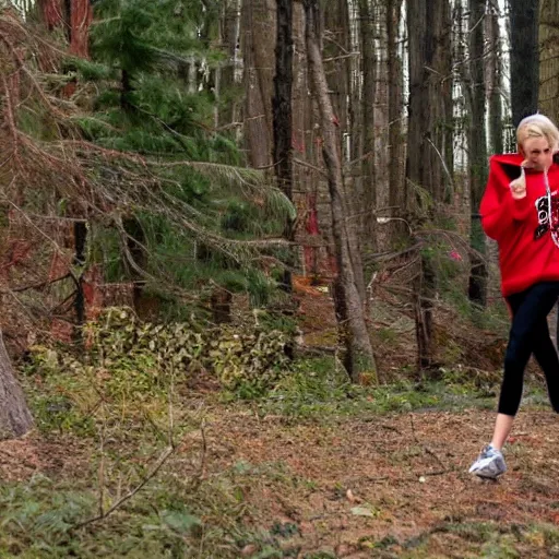 Prompt: a ninja timber wolf stalks [ a blonde teenage girl wearing a red hoodie ] in the forest