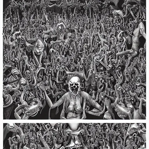Image similar to digital painting of demons in rave party in hell by Chor Boogie, intricate details, ultra detailed, 4K, award-winning, touch of M. C. Escher