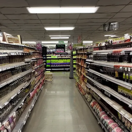 Prompt: a liminal grocery store with a 8 ft dark ominous figure standing between the aisle, liminal, highly detailed