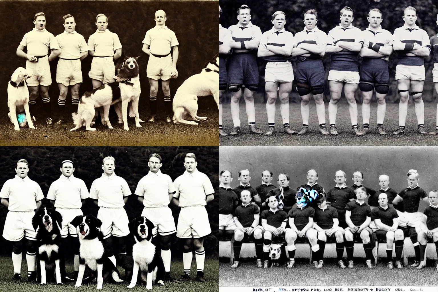 Prompt: A pack of St. Benards in rugby uniforms. Dogs, canines. Sports photo.