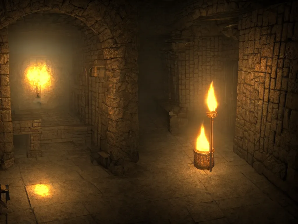 Image similar to delicious torch lit prison dungeon jail cell atmospheric unreal engine hyperreallistic render 8k character concept art masterpiece screenshot from the video game the Elder Scrolls V: Skyrim moody flame global illumination