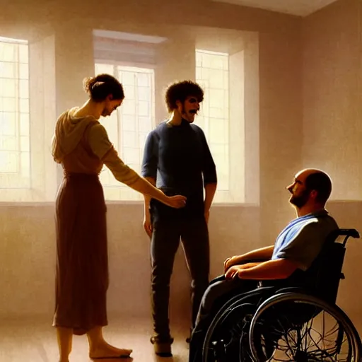 Image similar to a male patient in a wheelchair in the hospital with his wife and son standing by. happy, cheerful, smiling, intricate, face enhance, sharp focus, cinematic lighting, featured in artistation, 8 k, art by greg rutkowski, william adolphe bouguereau