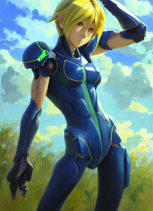 Prompt: Makoto Shinkai painting of Samus from Metroid Prime, countryside, calm, fantasy character portrait, dynamic pose, above view, sunny day, thunder clouds in the sky, artwork by Jeremy Lipkin and Giuseppe Dangelico Pino and Michael Garmash and Rob Rey, very coherent asymmetrical artwork, sharp edges, perfect face, simple form, 100mm