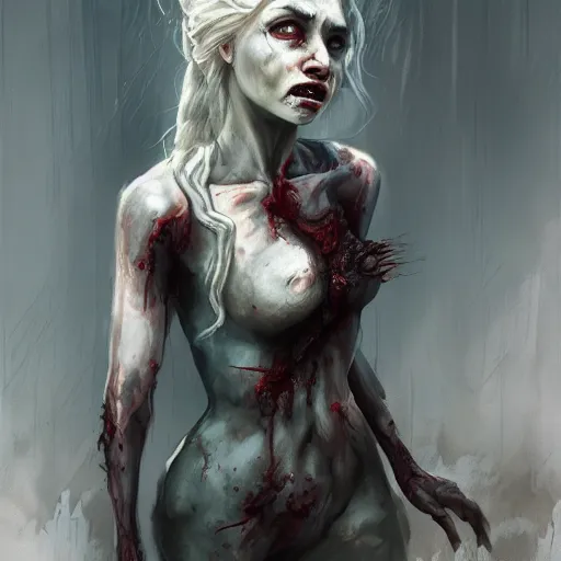 Image similar to a zombie Daenerys, by WLOP, horror, wounds, bloody, dark fantasy, trending on artstation