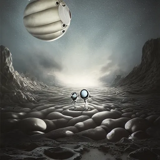 Prompt: michal karcz surrealism drawing of the end of an astronaut happy in the galaxy. , in the style of jack skellington, in the style of a clown, loony toons style, horror theme, detailed, elegant, intricate, 4k, Renaissance painting