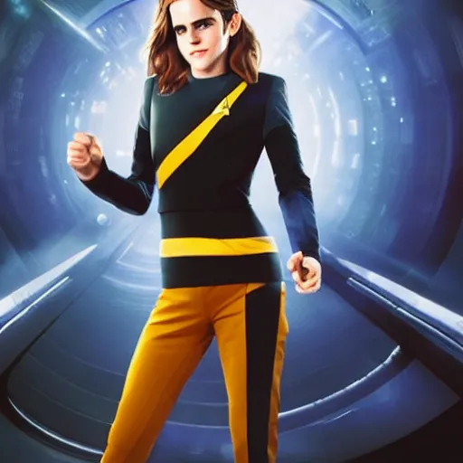 Image similar to a full body portrait of emma watson as a star fleet officer from star trek next generation, ultra rendered extreme realism and detail, 8 k, highly detailed, realistic, completely framed, hyper realistic, colorful, direct lighting, 3 5 mm photo, photorealistic, sharp focus