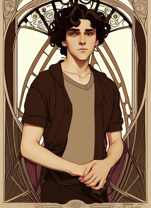Image similar to art nouveau portrait of a young man with curly light brown hair, brown eyes, serious facial expression, gloomy mood, t - shirt, natural lighting, path traced, highly detailed, high quality, cartoon, digital painting, by don bluth and ross tran and studio ghibli and alphonse mucha