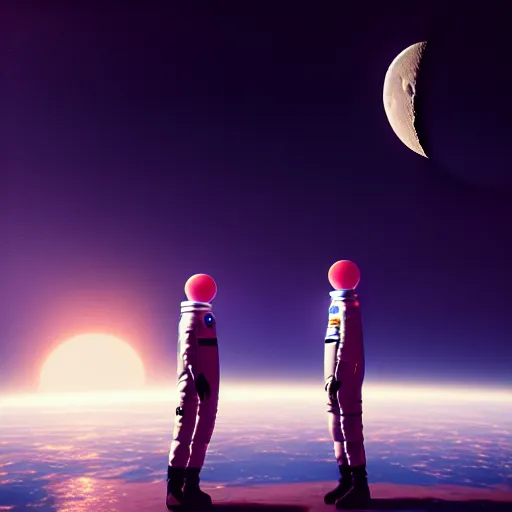 Image similar to a gay couple floating in space looking at the moon from up close, science fiction industrial hard science concept art, 8 k render octane high definition cgsociety