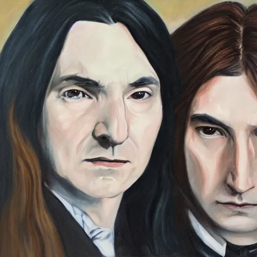 Image similar to A portrait of Severus Snape and Lily Potter, oil painting