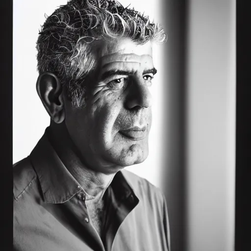 Prompt: promotional vogue studio portrait photo of Anthony Bourdain by Annie Leibovitz, 50mm, pentax, film