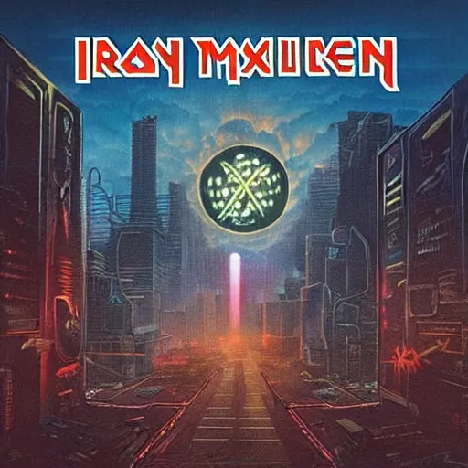 Image similar to Iron Maiden album cover cyberpunk Eddie city streets dystopian night time Street lights