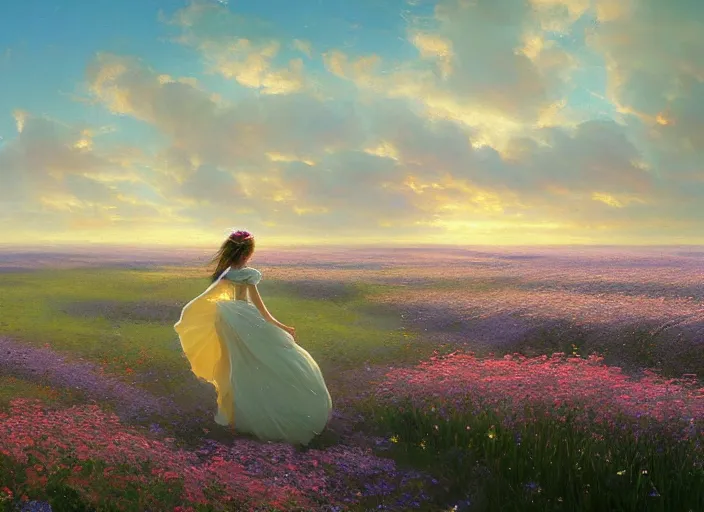 Image similar to a lone princess walks through a vast flower field in the cosmic sky by guweiz and peder mørk mønsted and delphin enjolras and vladimir volegov