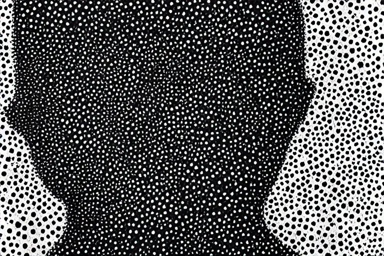 Image similar to face made out of space, faceless people dark, dots, drip, stipple, pointillism, technical, abstract, minimal, style of francis bacon, asymmetry, pulled apart, cloak, hooded figure, made of dots, abstract, balaclava, colored dots