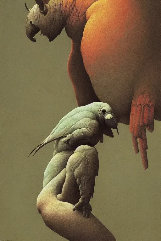 Image similar to painting of cross between parrot & rhino, intercrossed animal, by zdzislaw beksinski, by tiffany bozic, cold hue's, warm tone gradient background, concept art, beautiful composition, digital painting,