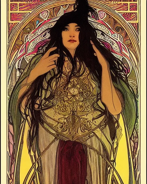 Prompt: “ the high priestess tarot card decorative poster by alfonse mucha, highly detailed, trending on artstation ”