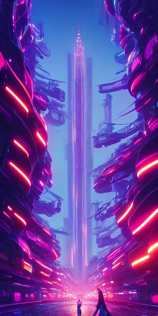 Image similar to hyper detailed ultra sharp of a beautiful woman robot, futuristic city with neon lights in the background, sky sended by god. behance hd by jesper ejsing, by rhads, makoto shinkai and lois van baarle, ilya kuvshinov, rossdraws radiating a glowing aura global illumination ray tracing hdr, 8 k