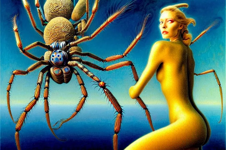 Image similar to realistic extremely detailed portrait painting of a fully dressed woman with a giant spider, futuristic sci-fi landscape on background by Jean Delville, Amano, Yves Tanguy, Ernst Haeckel, Edward Robert Hughes, Roger Dean, rich moody colours, blue eyes