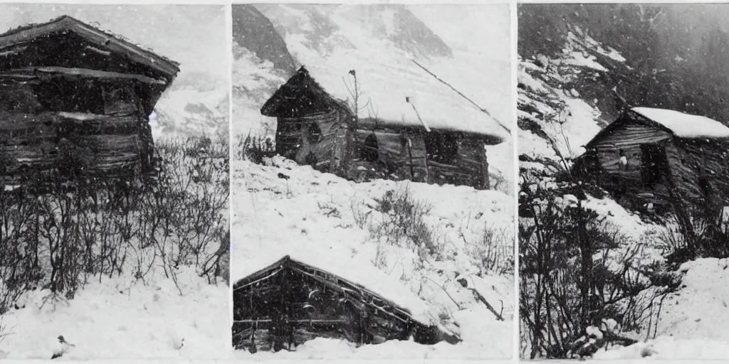 Image similar to 1 9 2 0 s photography of hut in the alps being submerged in snow, krampus hay monster crawling out of it