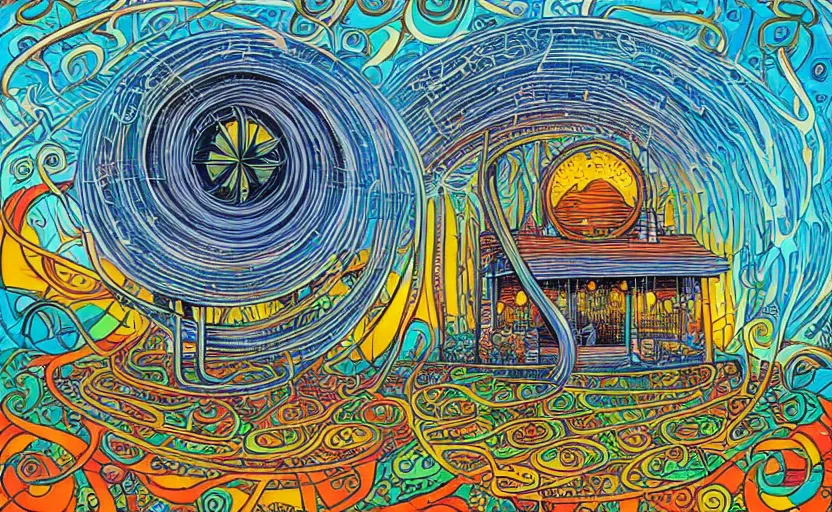 Image similar to a spiraling portal with a spiritual and mystical sound, by howard arkley and dan mumford, artstation