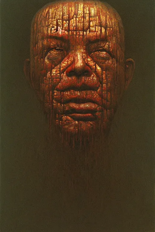 Prompt: ascii, hyperrealism oil painting, portrait scary ai weiwei style zdzislaw beksinski