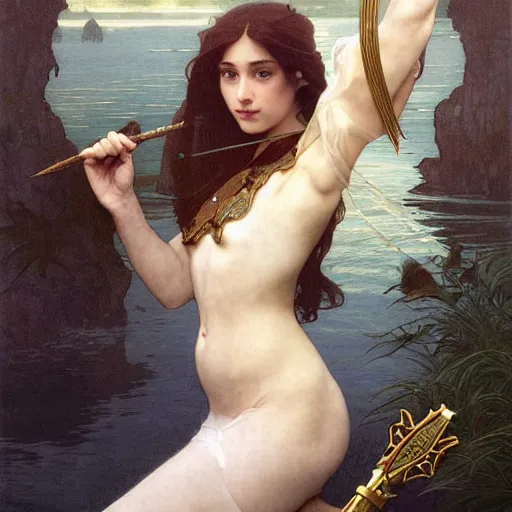 Image similar to portrait of the lady of the lake holding excalibur, elegant, art nouveau, tarot card, highly detailed, digital painting, artstation, concept art, smooth, sharp focus, illustration, art by artgerm and greg rutkowski and alphonse mucha and william - adolphe bouguereau