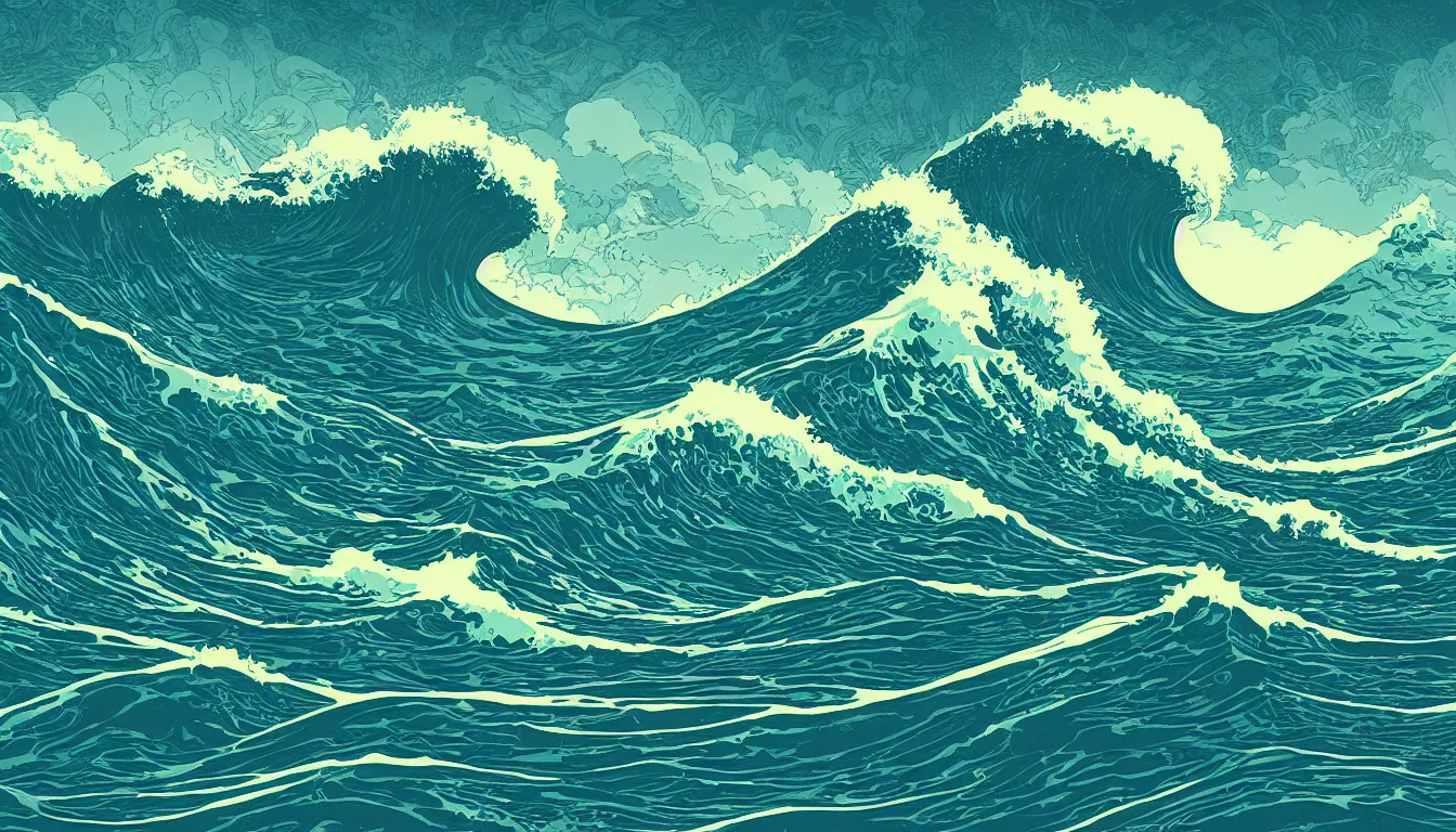 Image similar to ocean wave, land in sight by Kilian Eng, minimalist, detailed