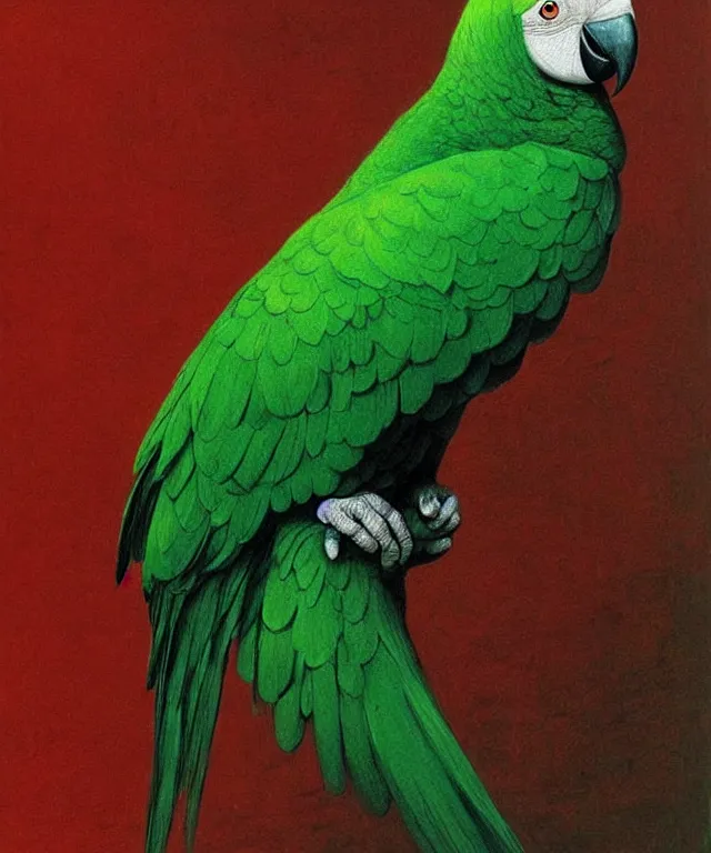 Image similar to beautiful emerald green parrot with red aura and eyes, by zdzisław beksinski, by gustave dore