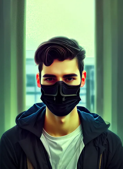 Image similar to handsome young man with black medical mask, half body shot, path traced, highly detailed, high quality, digital painting, alena aenami, lilia alvarado, shinji aramaki, karol bak, alphonse mucha, tom bagshaw