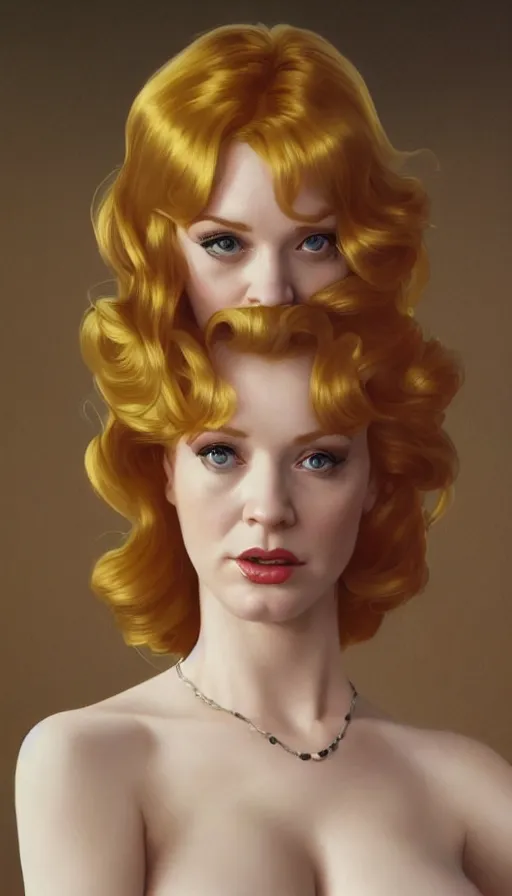 Image similar to Angel, perfectly-centered-painting of young Christina Hendricks in Mad Men looking at the camera, hands behind her back, sweaty, dynamic action pose, insane, intricate, highly detailed, digital painting, artstation, concept art, smooth, sharp focus, illustration, Unreal Engine 5, 8K, art by artgerm and greg rutkowski and alphonse mucha