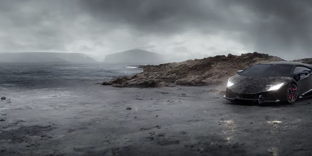 Prompt: a black lego lamborghini driving at the icelandic coast line. black sand. dramatic sky. cinematic. intricate. mist. low angle wide shot. highly detailed. matte painting in the style of andreas rocha. octane render. 8 k. trending on artstation