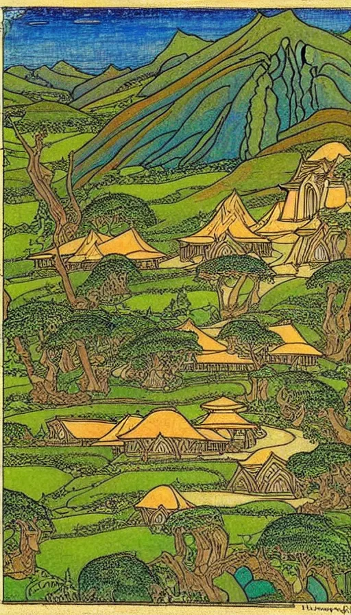 Prompt: hobbit monastery on hawaii, by Ivan Bilibin,