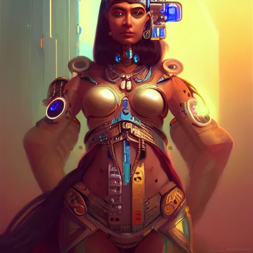 Prompt: a portrait of a beautiful cybernetic cleopatra, cyberpunk concept art by pete mohrbacher and wlop and artgerm and josan gonzales, digital art, highly detailed, intricate, sci-fi, sharp focus, Trending on Artstation HQ, deviantart, unreal engine 5, 4K UHD image
