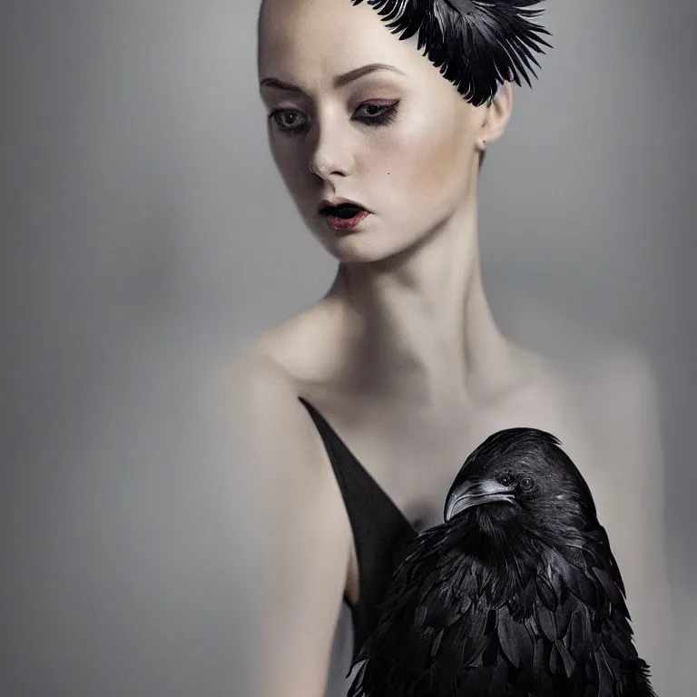 Image similar to hight focus of a wonderful hyperrealistic focused sweet wonderful symmetrical mid portrait of a lonely beautiful woman, her dress only is like a realistic black raven plumes, image in center, dramatic light, octane render - 8 k