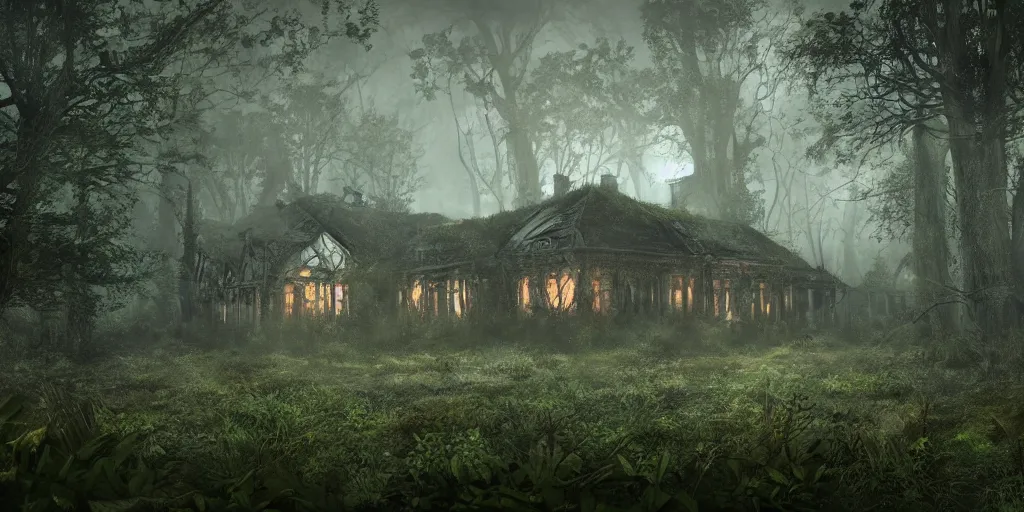 Image similar to photorealistic, ruined english bungalow, overgrown vegetation, in the forest, apocalypse, night, fog, shadowy creatures lurking in foliage, cthulhu, hellscape, hyperrealistic, grimdark, artstation