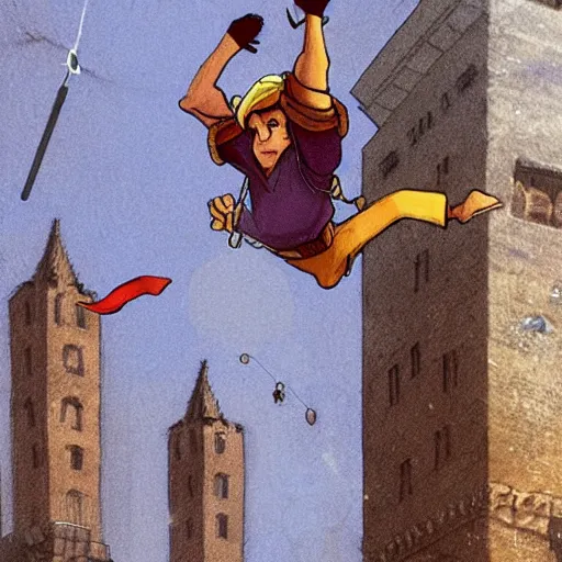 Image similar to A boy thief falling off a tall tower in a metal city wishing he could fly, epic fantasy style