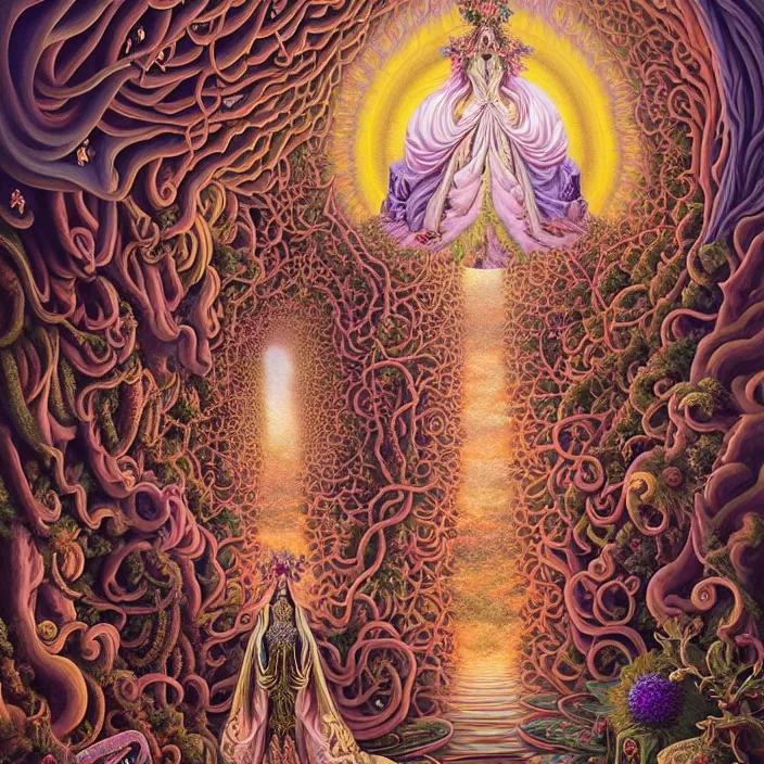 Image similar to beautiful oil painting, full length portrait of dauphinois in baroque coronation robes 1701, Dan Mumford, Dan Mumford, Alex grey, hyacinthe rigaurd, highly detailed , lsd visuals, dmt fractal patterns, hallucinogen, visionary art, psychedelic art, ornate, vaporwave, baroque, Greg rutkowski