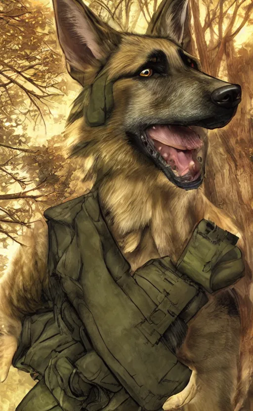 Image similar to close up character portrait icon of the german shepard beast - man military uniform head animal person wearing clothes standing in the bright forest, hidari, color page, tankoban, 4 k, tone mapping, akihiko yoshida