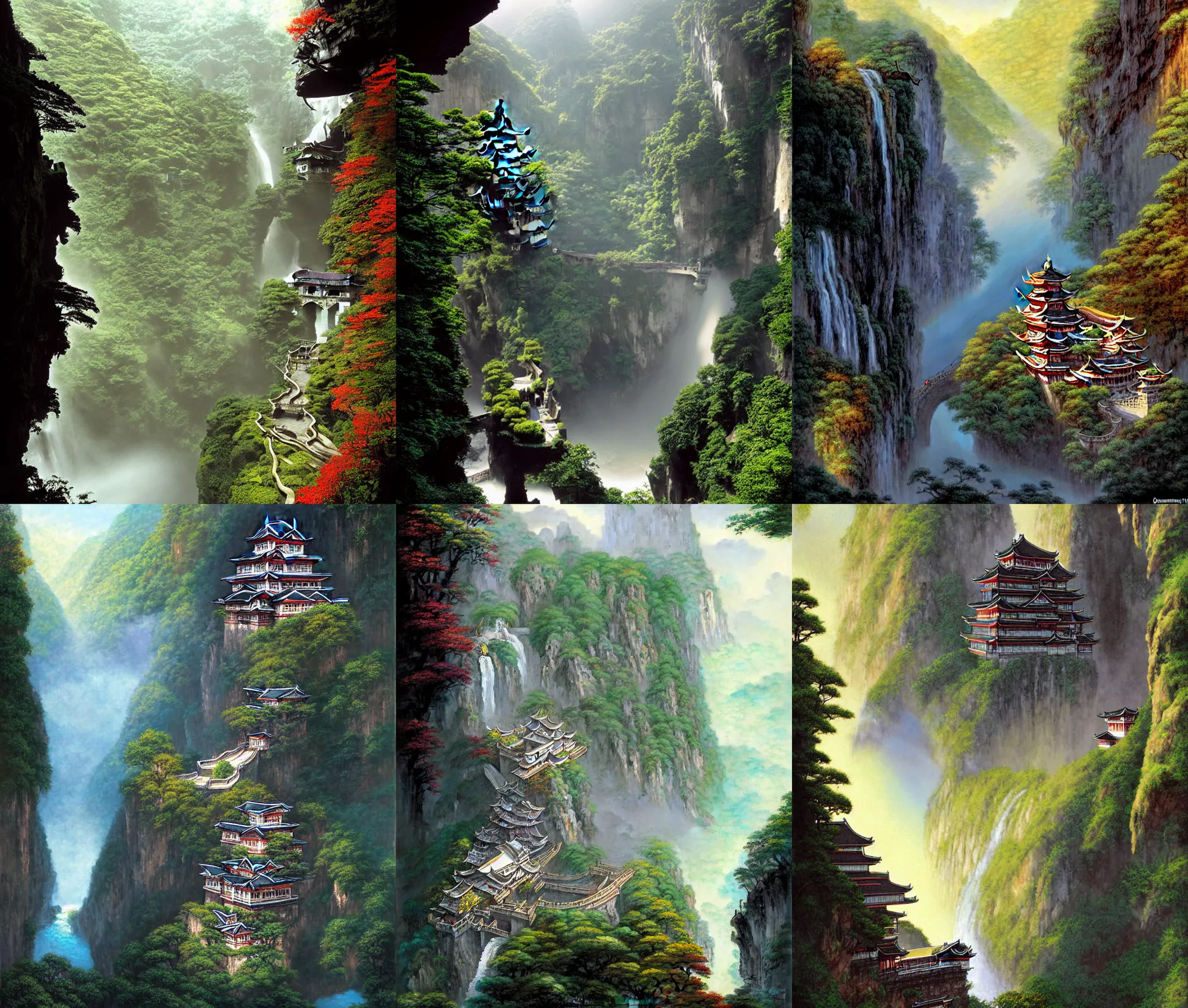 Prompt: establishing wide shot inside han son doong with waterfalls on either side of the cliff walls, at the top of the cliff is a japanese castle, a cloister is built into the cliff walls, an old suspension bridge spans the walls, sunny morning light, sunbeam, saturated colors, detailed digital concept art by gerald brom and james gurney