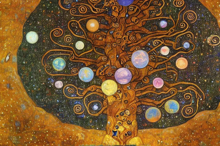 Prompt: a cosmic yggdrasil with planets hanging from the branches by gustav klimt, digital art, artstation, low angle, high detail, intricate, wide shot, centered,