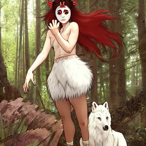 Image similar to Princess Mononoke as a real person ((asian woman with red facepaint)) determined expression, standing next to a giant white wolf, in a forest, by Artgerm,Greg Rutkowski,Alphonse Mucha, 4k resolution, highly detailed