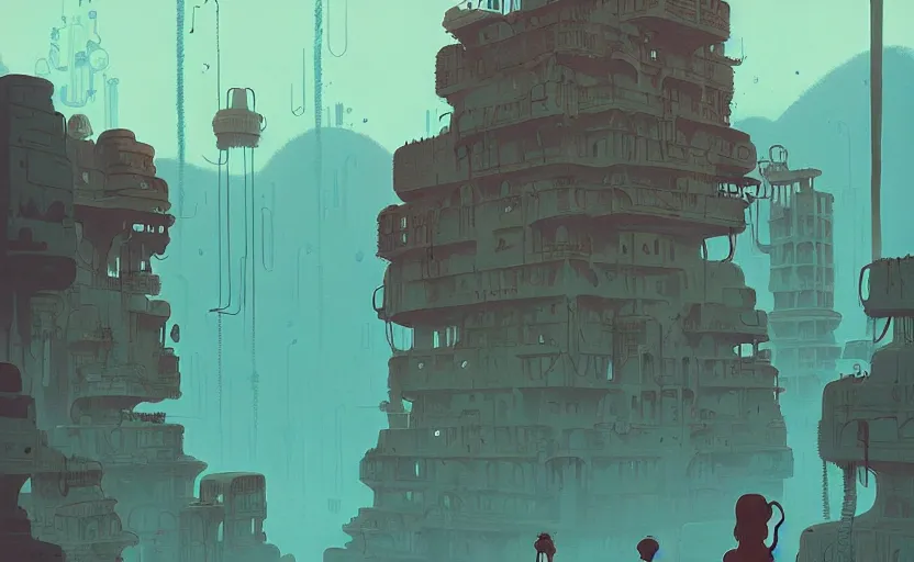 Prompt: lost city by atey ghailan, by simon stalenhag, by joe fenton, by kaethe butcher, dynamic lighting, gradient light blue, brown, blonde cream and white color scheme, grunge aesthetic